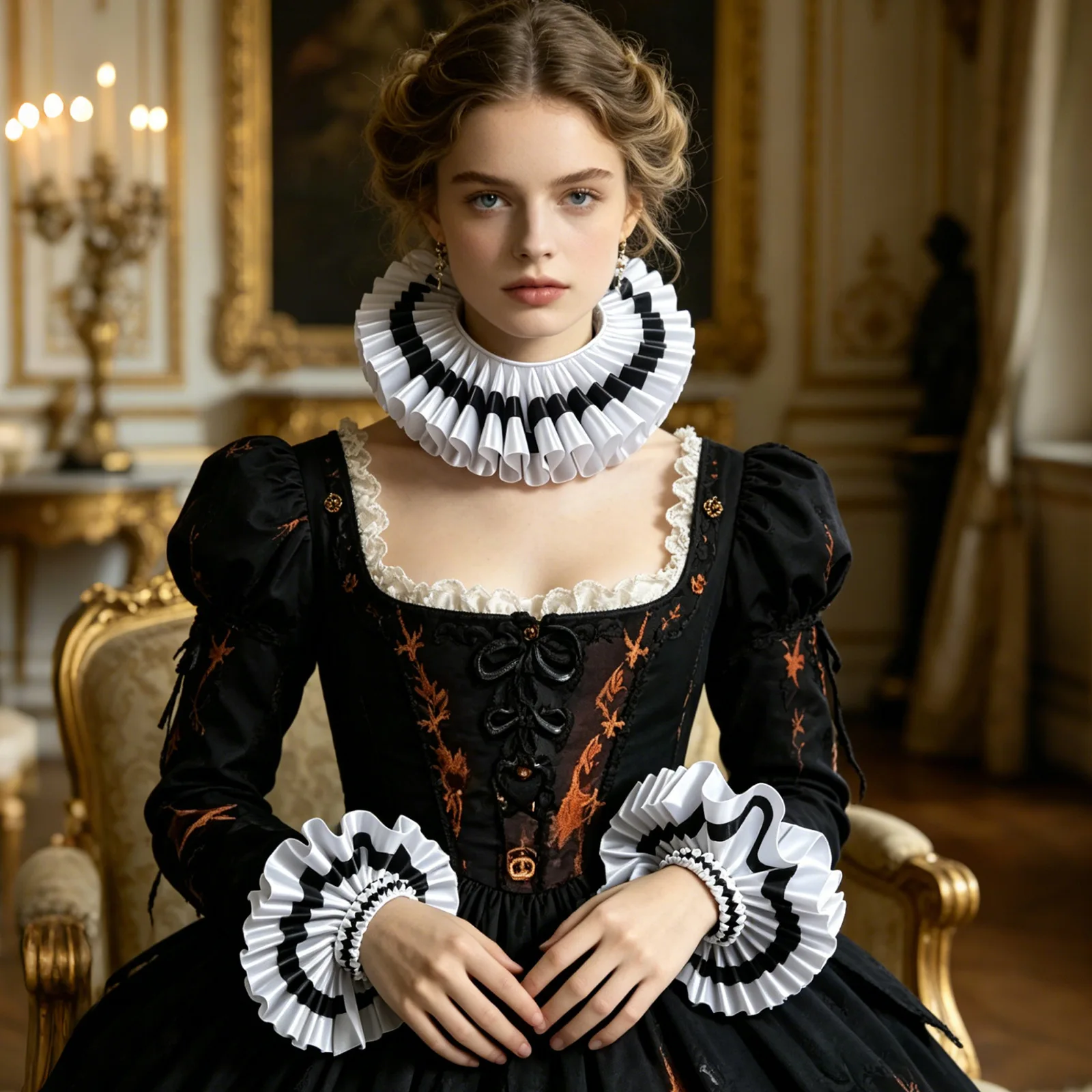 Renaissance Satin Color Block Design 3D Pleated Raf Collar Halloween Cosplay Accessory Polyester Material Court Style