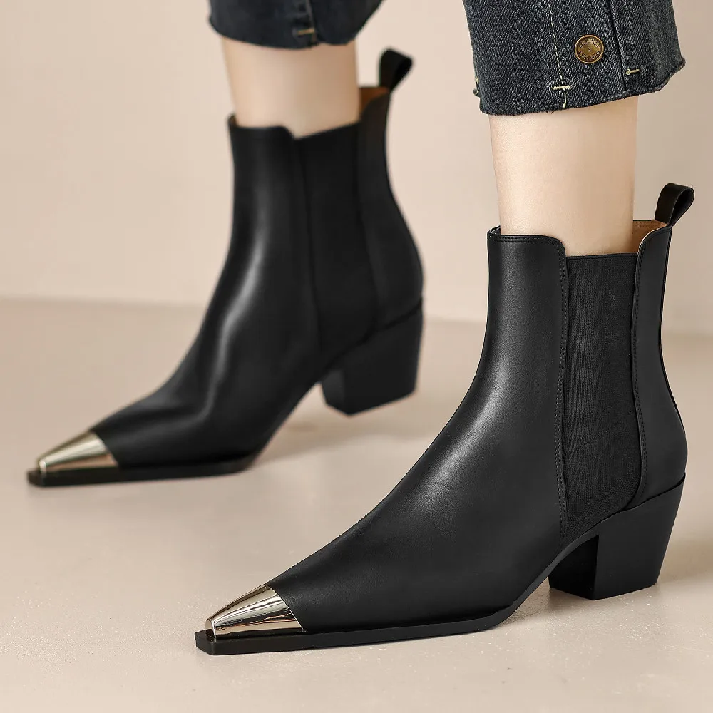 

Women's cow leather elastic slip-on autumn ankle boots 5.5cm thick med heel pointed toe casual female short chelsea boots shoes