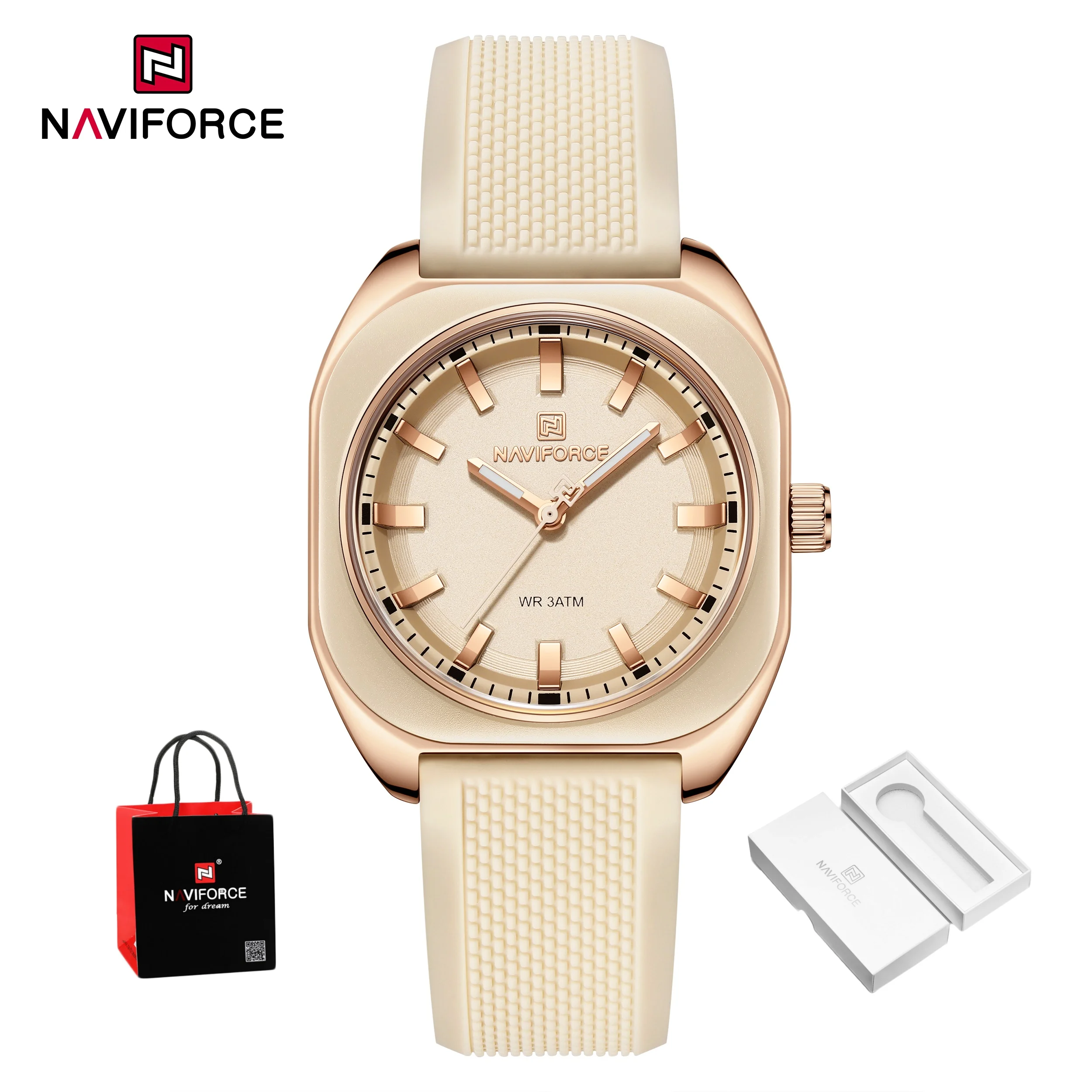 NAVIFORCE Beige Silicone Strap Luminous Pointer Waterproof 2026 New Simple And Fashionable Multi-Color Women's Watch Package Gif