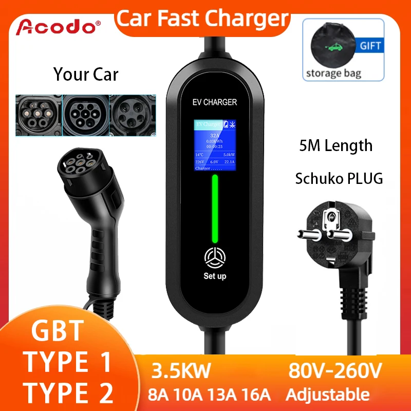 Acodo-EV Portable Charger, 3.5KW, Type 2, Type 1, GBT, 5M Length, 4 Currents Modes WallBox Display Booking Time Car Fast Charger