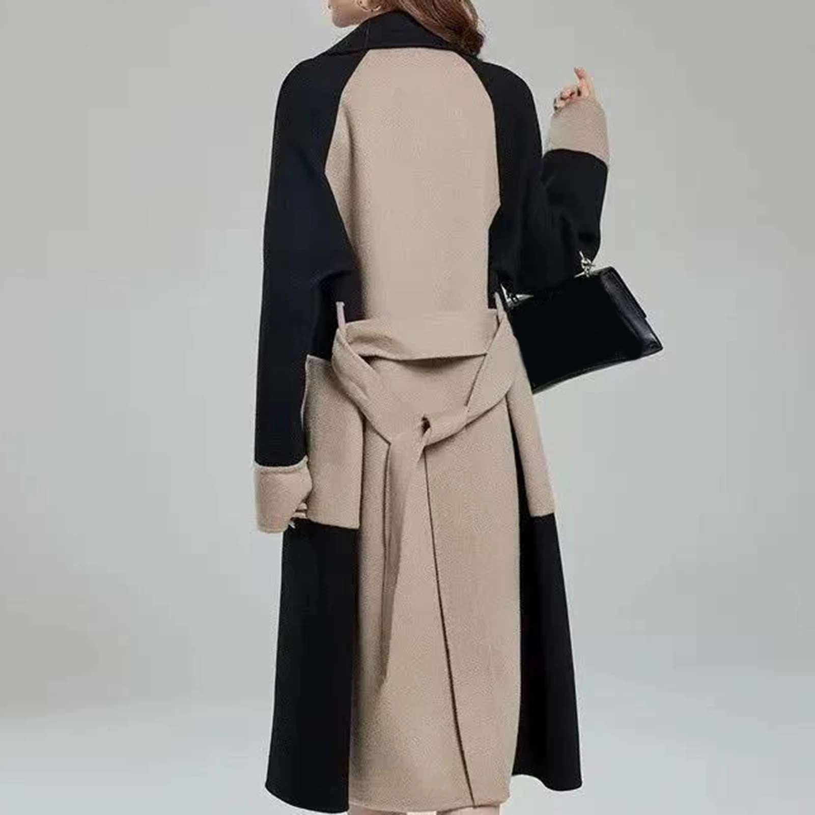 Autumn Winter Women Coat Color Matching Turn-down Collar Double-breasted Mid Length Lady Coat Double-sided Female Overcoat