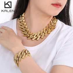 Kalen Brushed 316L Stainless Steel Chunky Bracelet Necklace For Women Men 32mm Punk Shiny Golden Jewelry Set Multisize Accessory