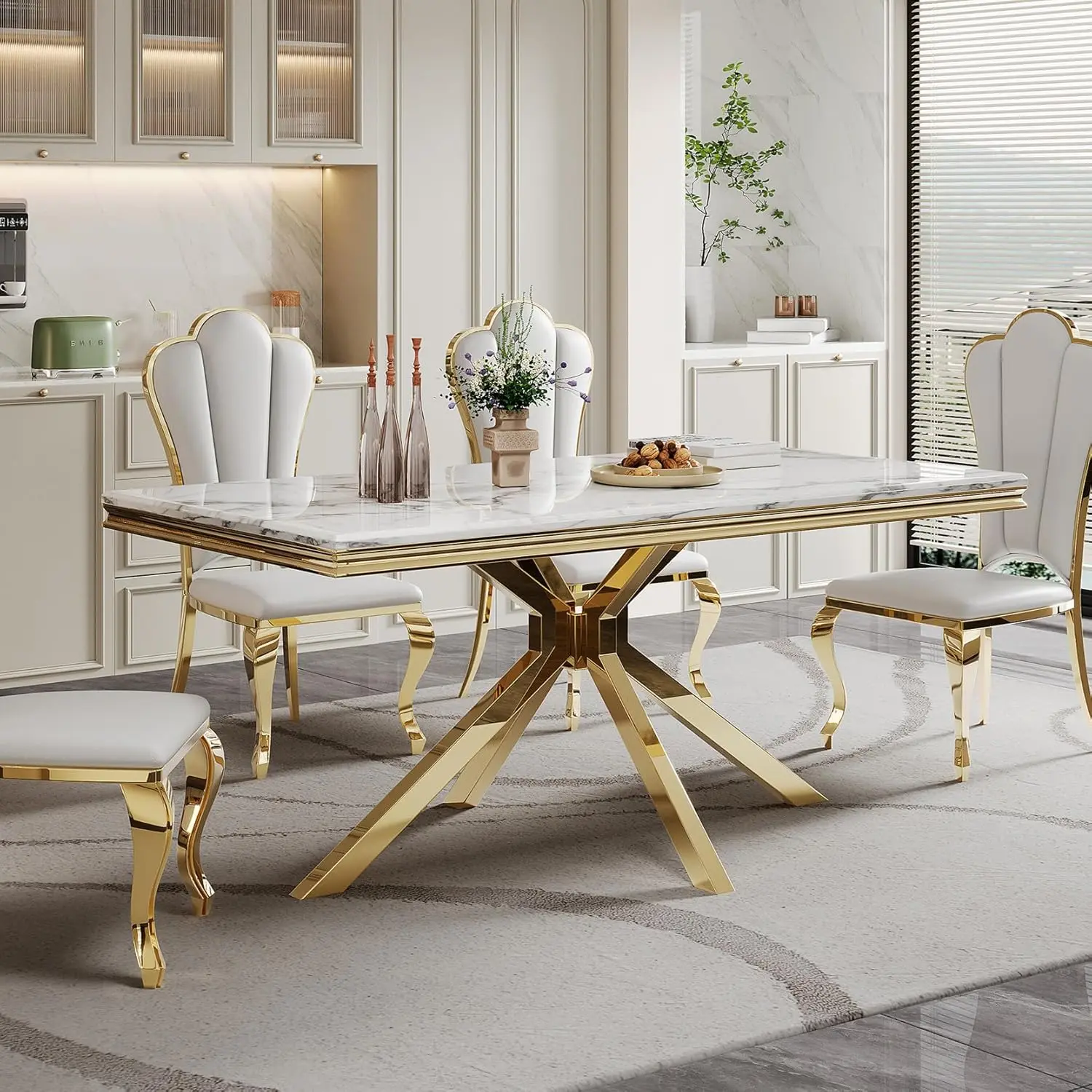 Mesa de Comedor Moderna de Mármol Blanco para 6-8 Personas, Rectangular de 68 Pulgadas, Mesa de Cocina de Mármol Sintético para 6 Personas, Mesa de Lujo para Comedor, Personalizable