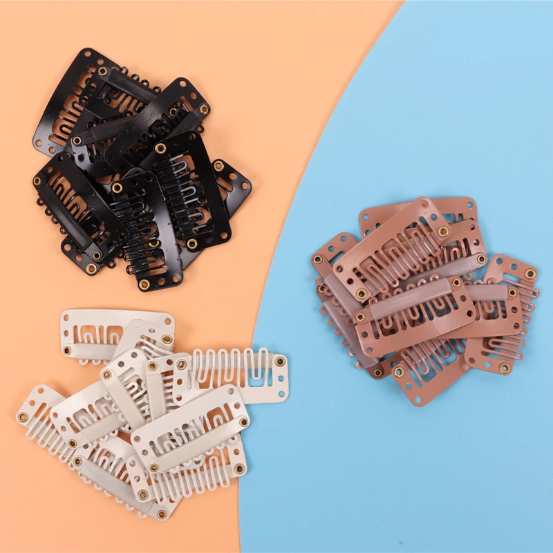 10Pcs 32Mm Hair Clips U-Shape Metal Clips For Hair Extensions 9-Teeth Wig Clip For Women Wig Accessories Black Brown Beige