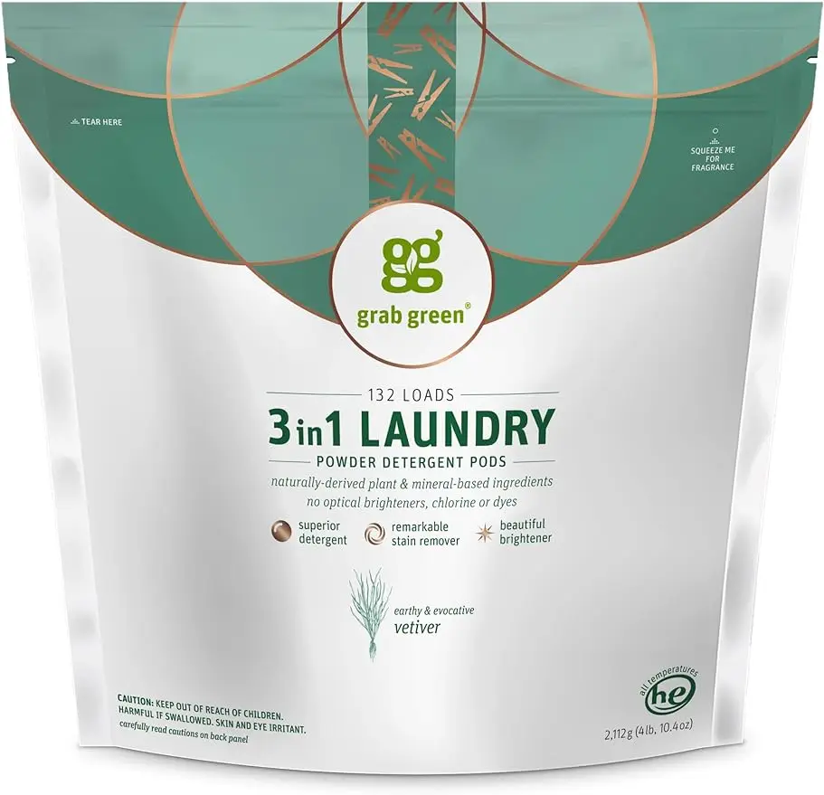 

3-in-1 Laundry Detergent Pods 132 Count Vetiver Scent Plant and Mineral Based Superior Cleaning Power Stain Remover