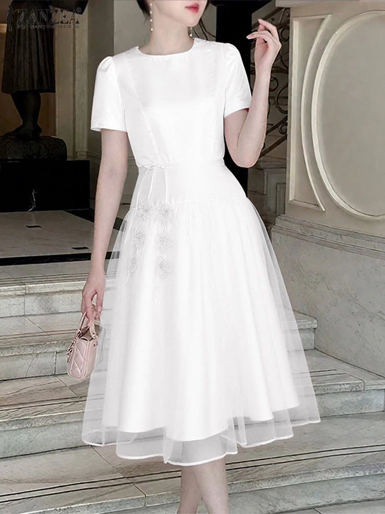 Satin Seide Kleid Frauen Spitze Patchwork Sommerkleid Mode Kurzarm Hohe Taille Vestidos Beiläufige Lose Robe ZANZEA 2025