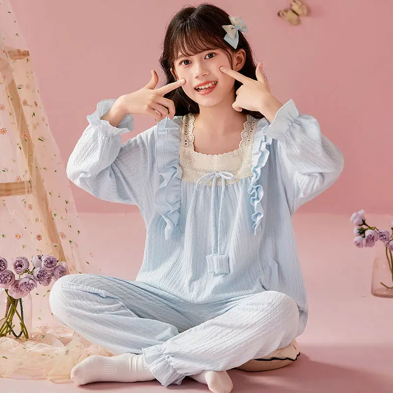 Cotton Linen Breathable Girls' Pajamas Two Piece Suit Long Sleeve Trousers Pajamas Spring Autumn Children's Round Neck Nightgown