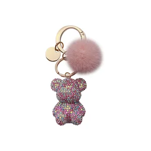 New fashion full diamond sitting bear key chain creative mink hair car key chain cute bag pendant gift. 10 best sales diamond key chain - №9