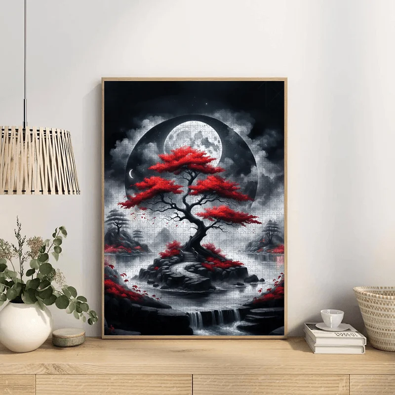 1000pcs Japanese Landscape Jigsaw Puzzle for Adults - Large Challenging Puzzle with Cherry Blossoms, Red Leaves, Black & White image 3