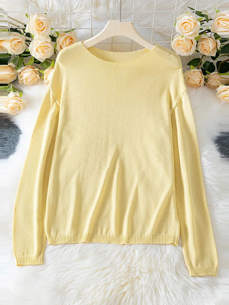 

Fashion O-neck Knitted Top Women Elegant Solid Full Sleeve Loose Fit Knitwear 2025 Female Summer Autumn Chic Casual Knitwears ﻿