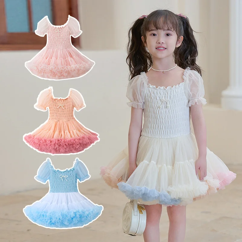 

Princess Dress Summer New Style Girls' Puff SleevestutuDress Mesh Short Sleeve Puff Skirt Children's Day Performance