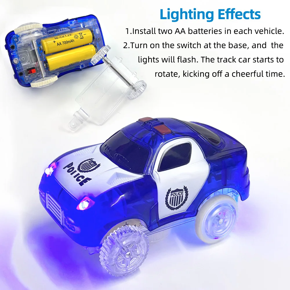 Magic Glowing Race Cars, Police Jeep Electric Toys, LED Race Track Set, Kids Car Parts, Birthday Gift for Boys & Girls