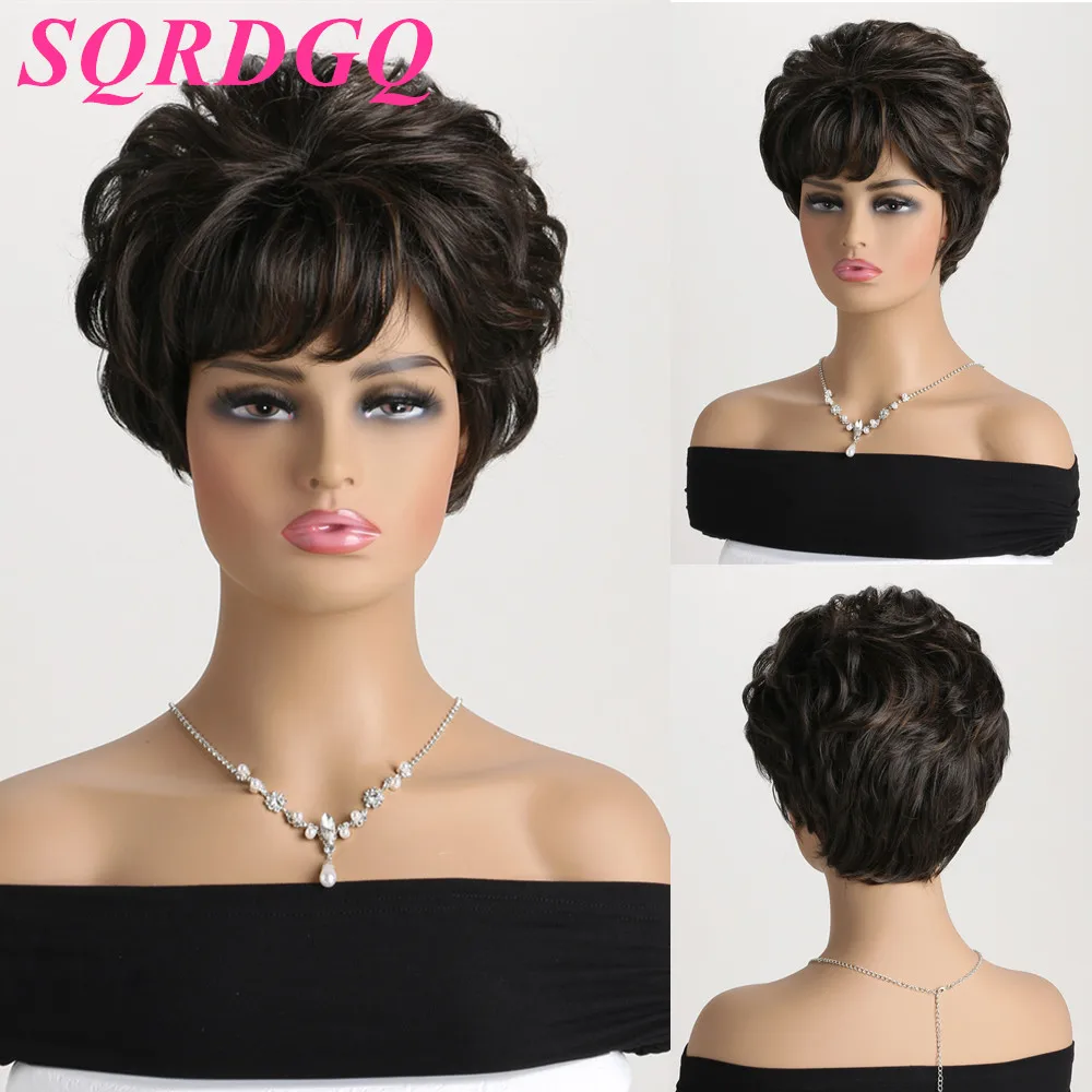 

Short Curly Hair Synthetic Wig Brown Blonde Black Wig Pixie Cut Wigs for Women Natural Wig With Bangs Heat Resistant Fiber