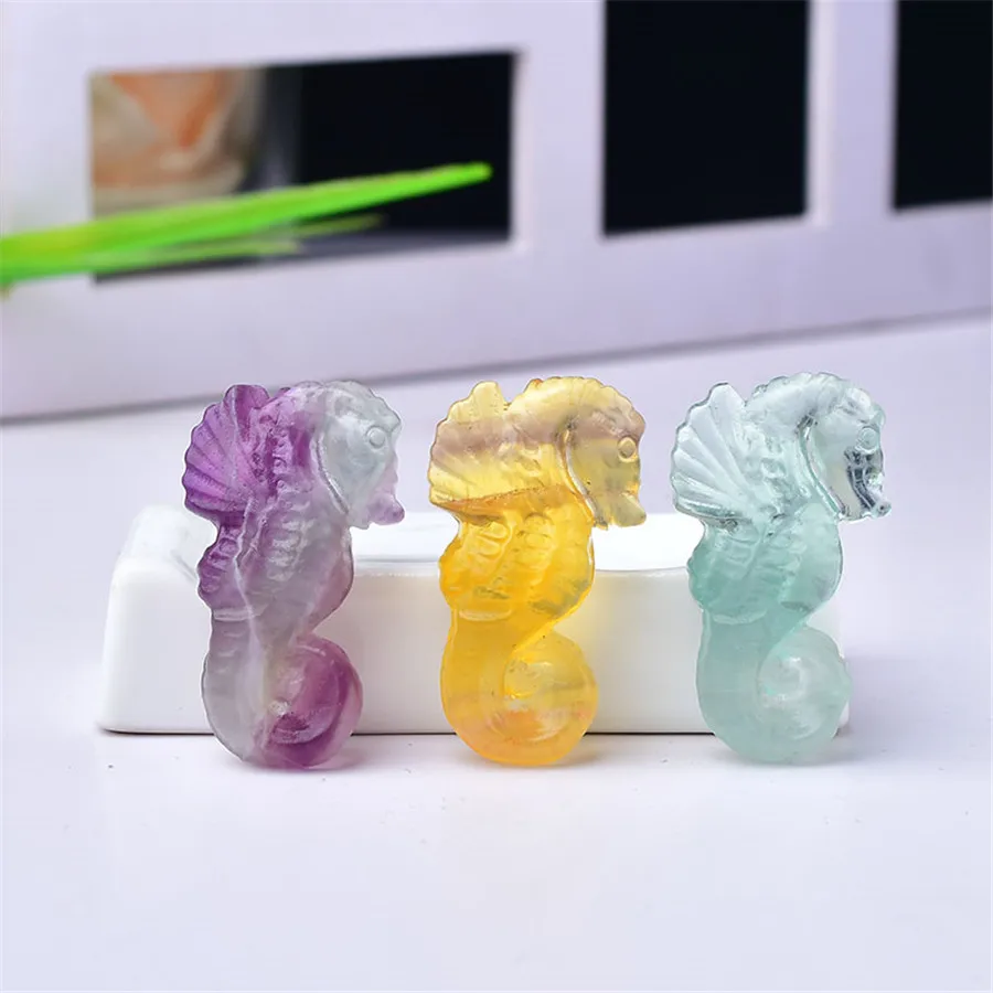 100% Natural Crystal Carved Rainbow Fluorite sea horse Stone Animal For Home Office Decoration