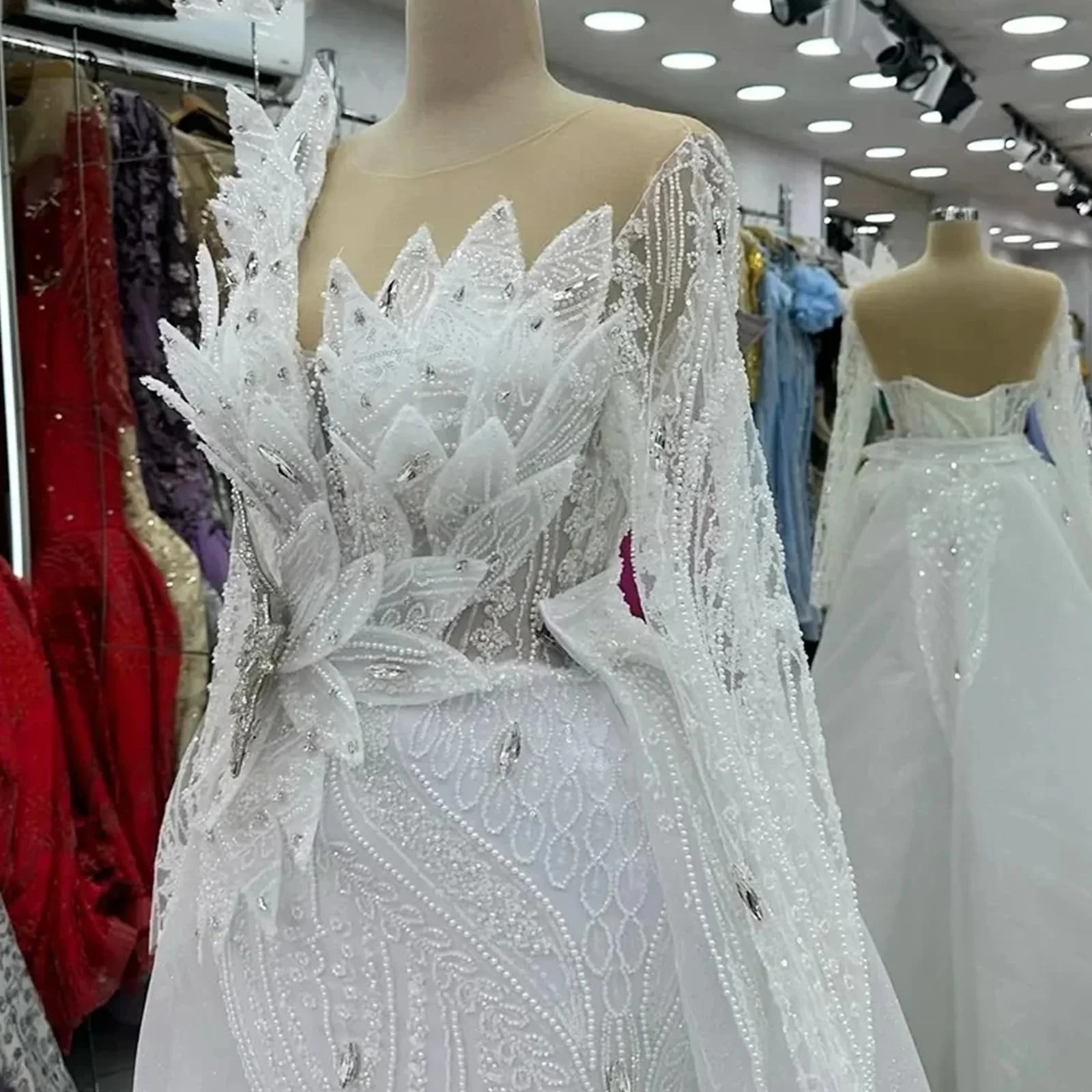 

Elegant Evening Dress With Rhinestone Flowers Waist Detachable Train Lace Bead Embroidery Sequins Evening Events Customizable