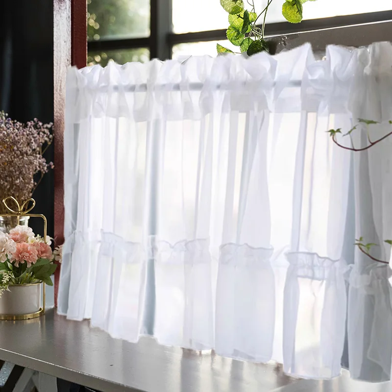 Cortina pequeña blanca para sala de estar, decoración romántica para armario de cocina, tratamiento de ventana corta, cortinas para puerta, cafetería, gasa transparente, 1 unidad