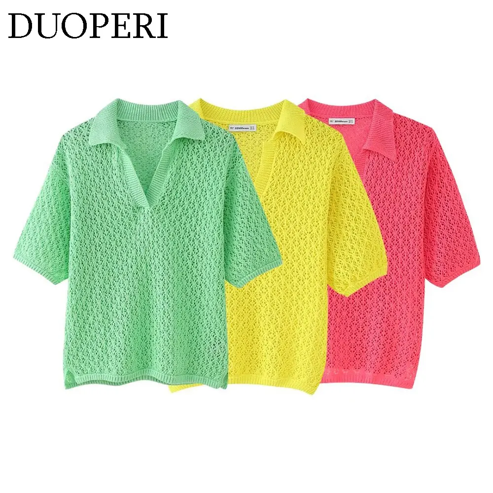 DUOPERI Women Fashion Jacquard Solid Knitted Mesh Out Pullover Polo Shirt Short Sleeve Female Chic Lady Casual Tops