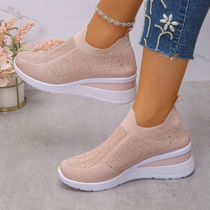 

Soft Sole Comfortable Sneakers Autumn New Round Toe Deep Mouth Ironed Diamond Mesh Breathable Low Top Sneakers
