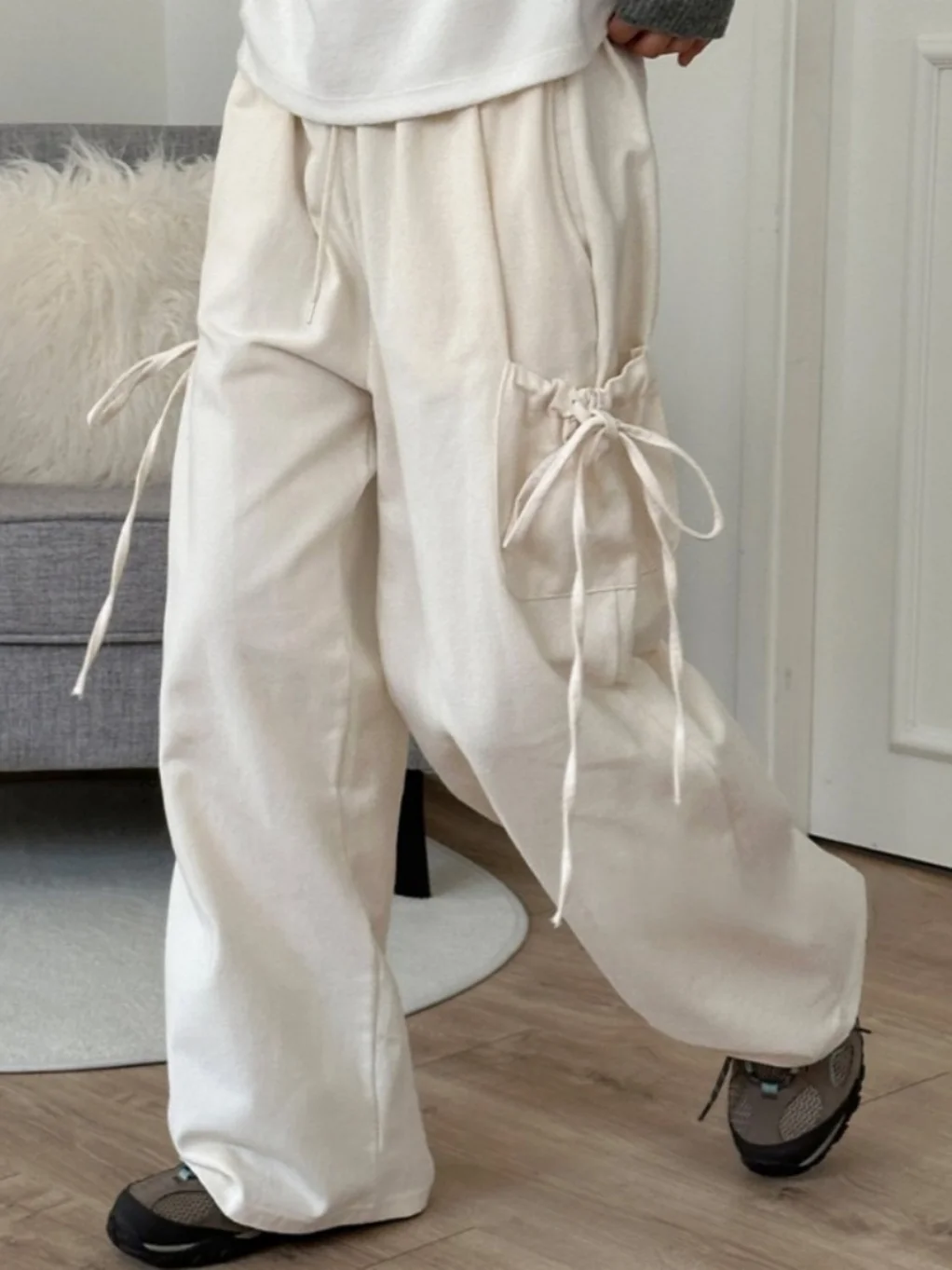 Pantalon décontracté ample à jambe droite pour femmes, avec bouilloires latérales, Design Anti-âge, ceinture à nœud, en coton, pour les déplacements