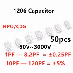 Capacitor Smd 1206 1/1, 50 peças 8/2/2.2/2.7/3/3.9/4.7/5/5 6/6.8/8. NPO C0G 2/10/12/15/18/20/22/27/30/33/39/47/56/68/82/100PF 120PF NPO