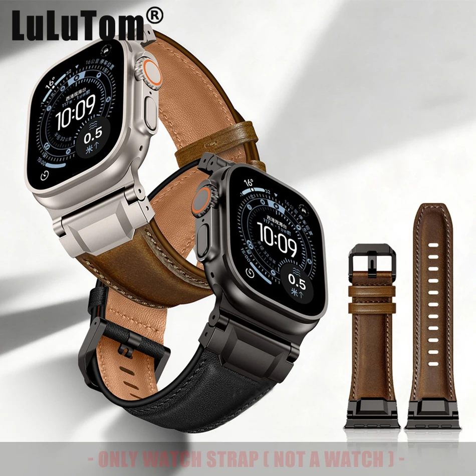 

Кожаные ремешки для Apple Watch Ultra 3/2/1, 49, 46, 45, 44, 42 мм, мужской ремешок с металлическим коннектором для iWatch Series 11/10/9/8/7/SE/6/5/4