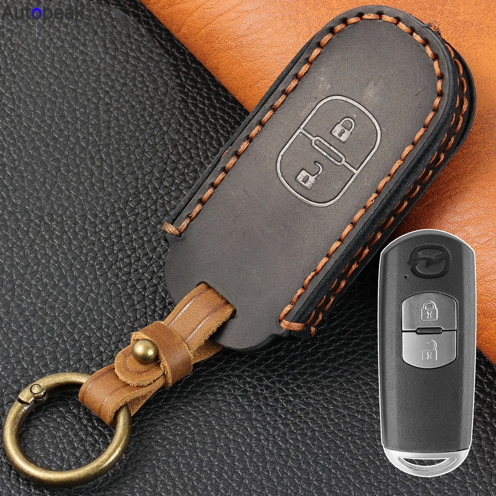 For Mazda 3 Hatch 6 Atenza Wagon Cx5 Cx9 Cx7 2017 2018 2 Button Genuine Leather Key Ring Chain Cover Shell Case Protector Holder