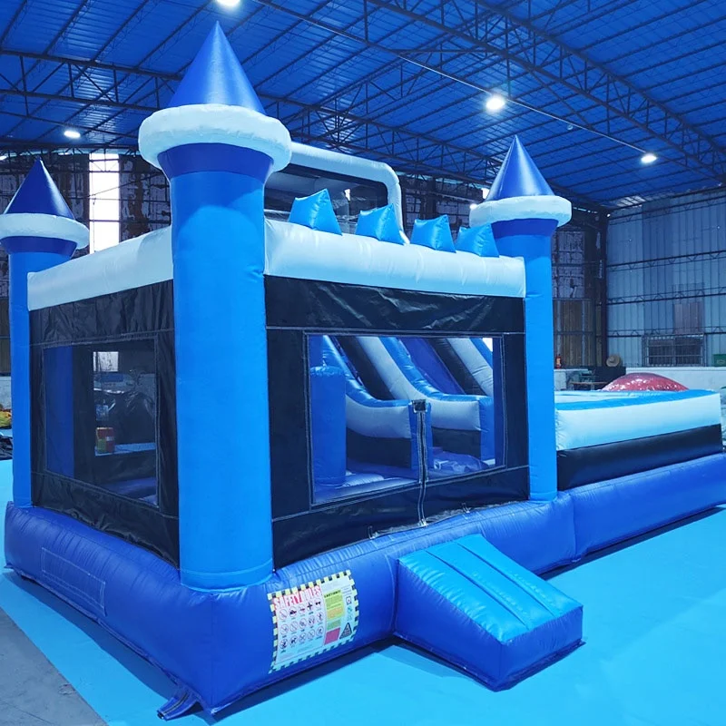 Commercieel Pvc op maat opblaasbaar blauw springend uitsmijter kasteelhuis met glijbaan springkasteel combo jumper springkussen voor kinderen