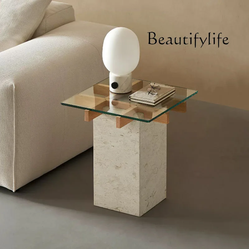 Living room sofa cave stone edge glass square small coffee table household light luxury high sense fashion