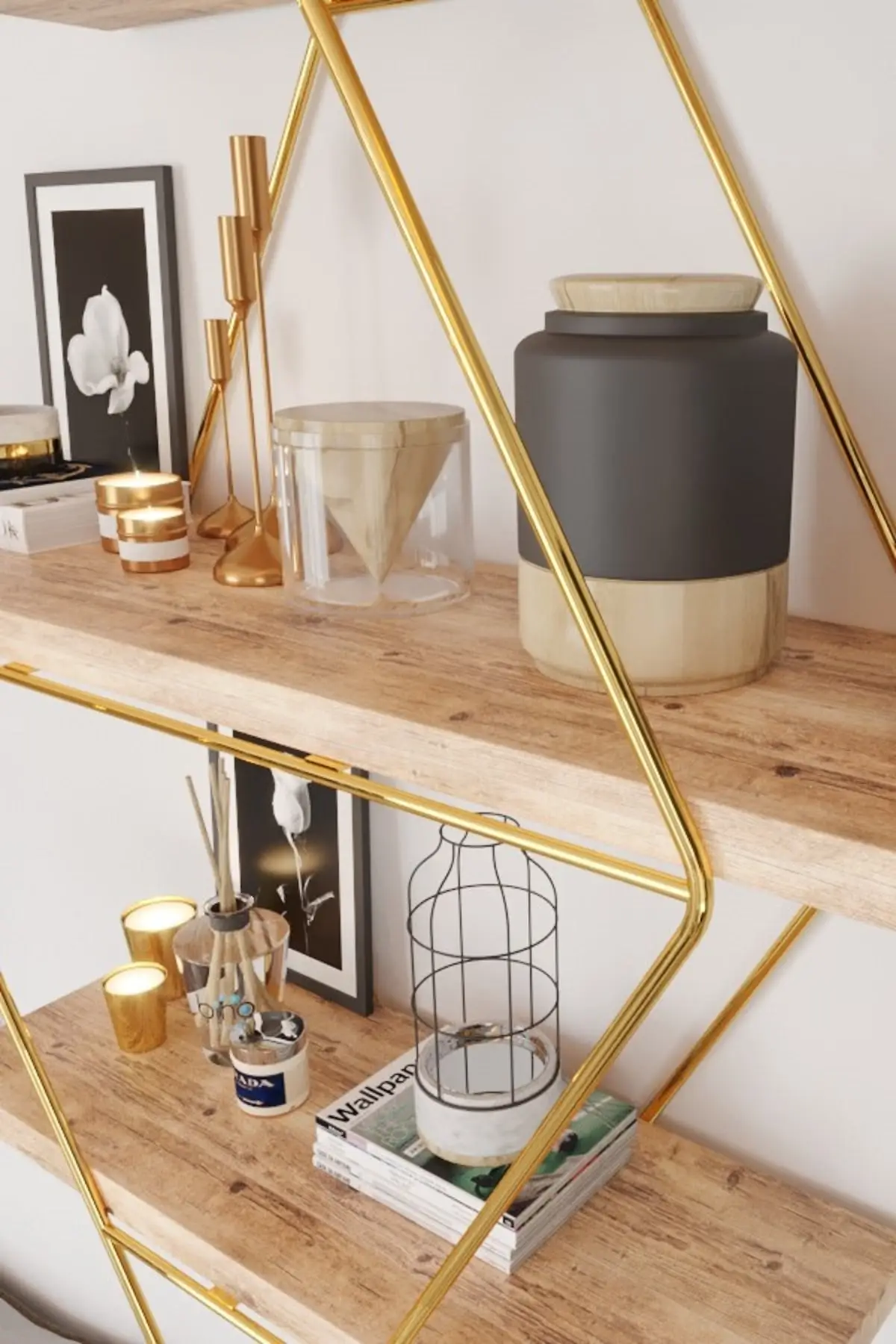 Functional Natural Wood Gold Color Large Size Prism Solid Wall Shelf Table Organizer Kitchen-Bath Shelf Bookshelf Living Roo