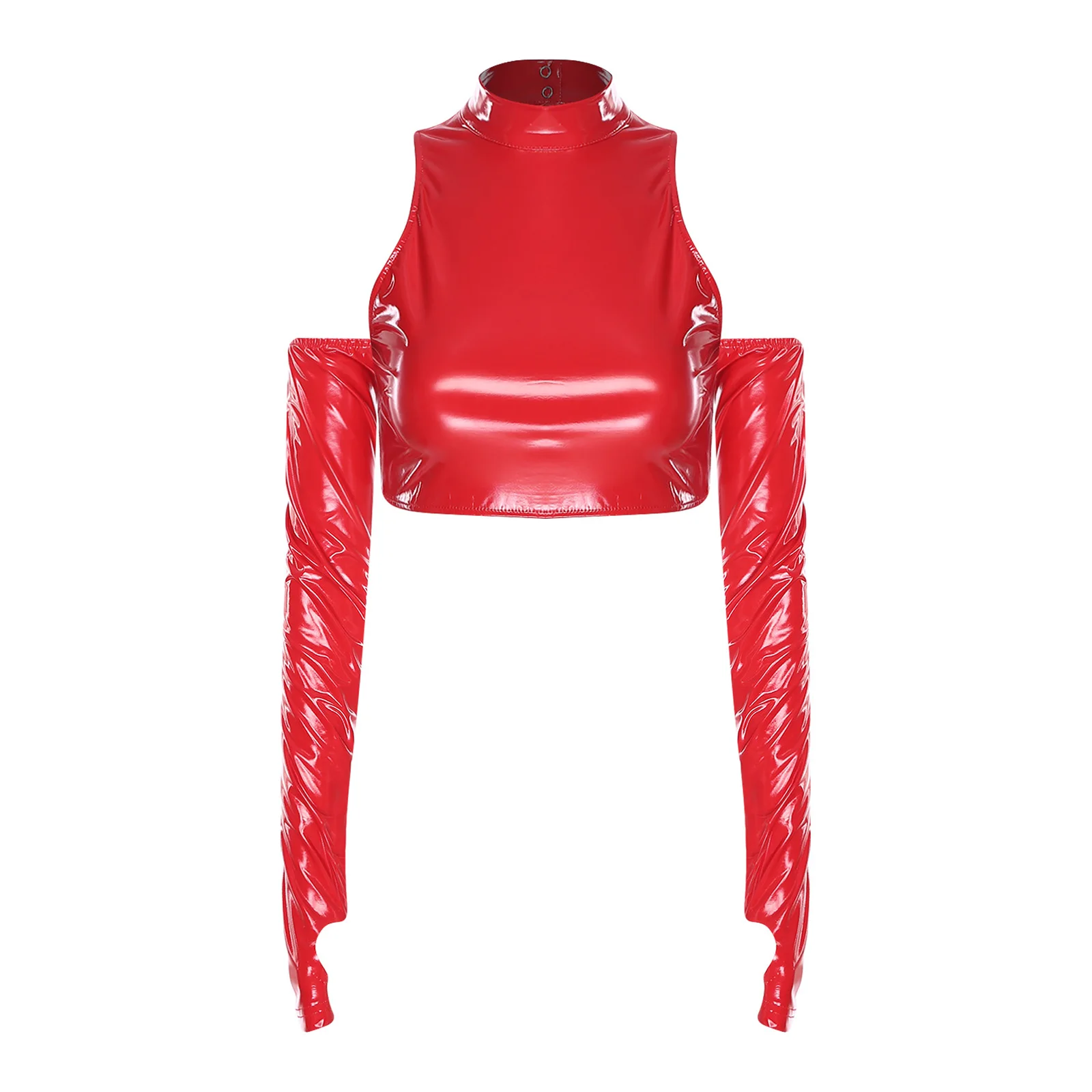 

Women Glossy PU Leather Cropped Top Shirts Cold Shoulder Long Sleeve Pullover Top Pole Dance Clubwear for Party Music Festival