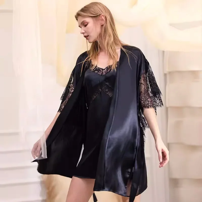 Sexy Lace 100% Mulberry Silk Bathrobe and Slip Nightress 2pcs Set V Neck Half Sleeve Kimono with Nightgown Women's Loungewear PJ