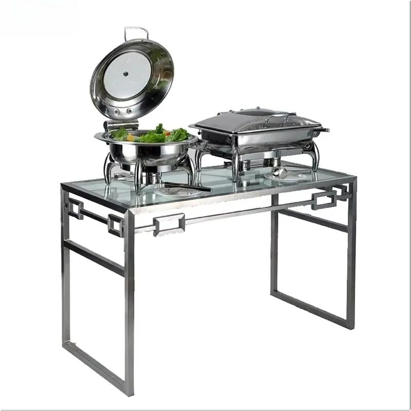 Commercial rectangular stainless steel buffet table with tempered glass table for hotel and catering
