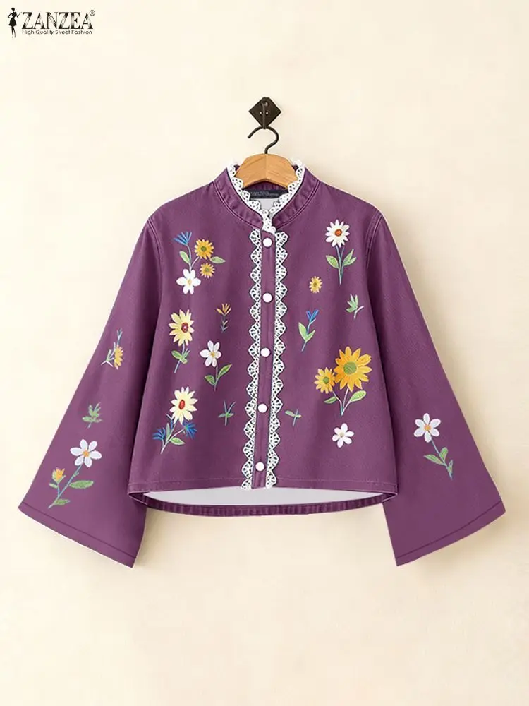 

ZANZEA женские кружевные лоскутные рубашки с цветочным принтом, повседневные топы с воротником-стойкой и длинными рукавами-колокольчиками на пуговицах, винтажная женская одежда