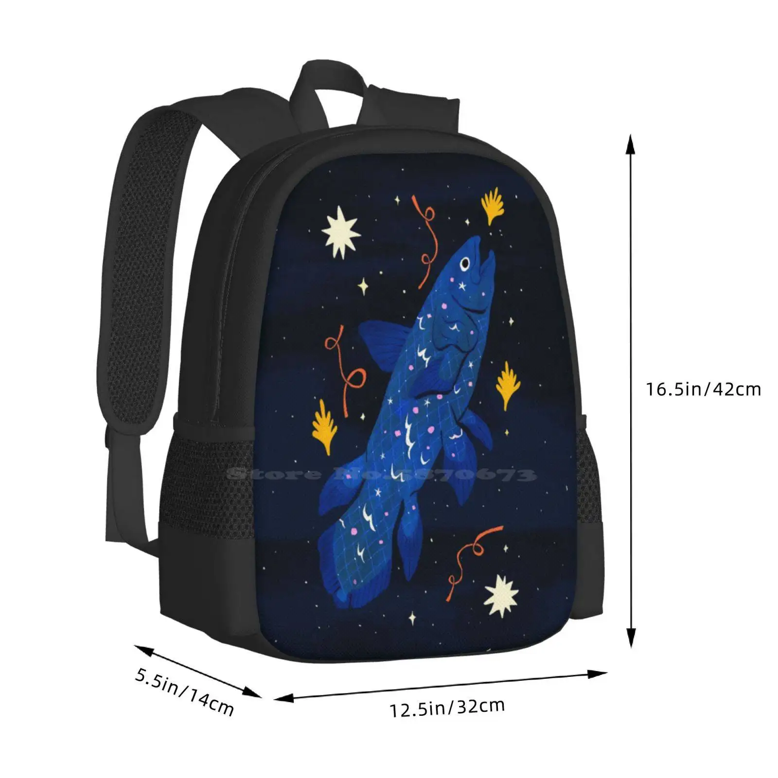 Bolsa de diseño con patrón de coelacanto estrellado, mochila para estudiantes, coelacanto estrellado, biología marina, estrellas, vida en el océano, peces, animales marinos