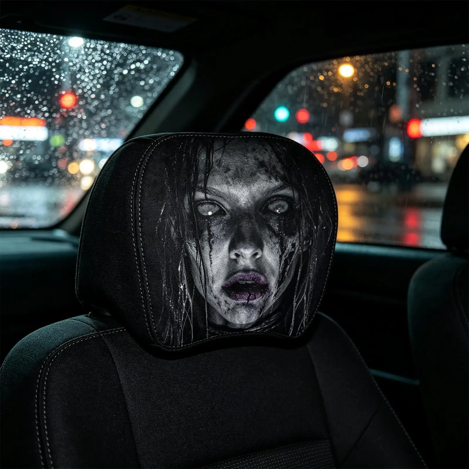 2PCS Halloween Horror Face Printing Car Headrest Covers Universal Elastic Car Seat Headrest Cover Dustproof Protective Sleeve