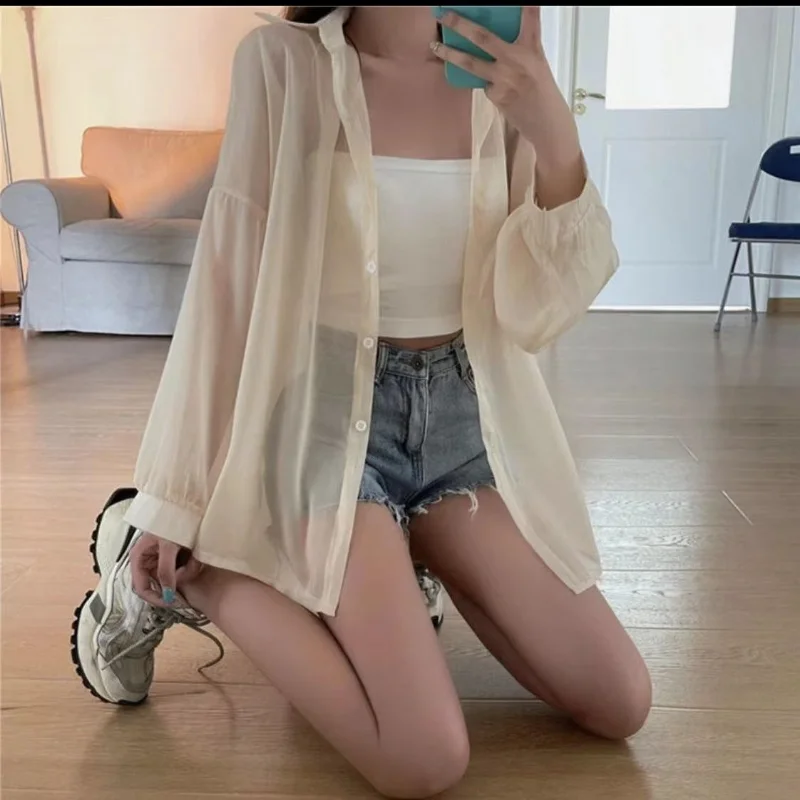 Chiffon Thin Loose Cardigan Summer New Long Sleeve Polo Neck Solid Color Basic Shirt Tops Sexy Trend Fashion Women Clothing