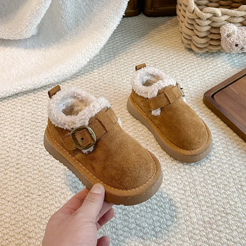 Toddler Adjustable Buckle Winter Warm Cotton Shoes, Kids Furry Shearling Trim Anti‑Slip Thick‑Sole Casual Boots