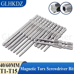 40/60mm T1-T15 800 Electric Torx Screwdriver 4mm Round Shank Magnetic Hex Bit Driver Tamper Proof Security Drill Bit Flat Head