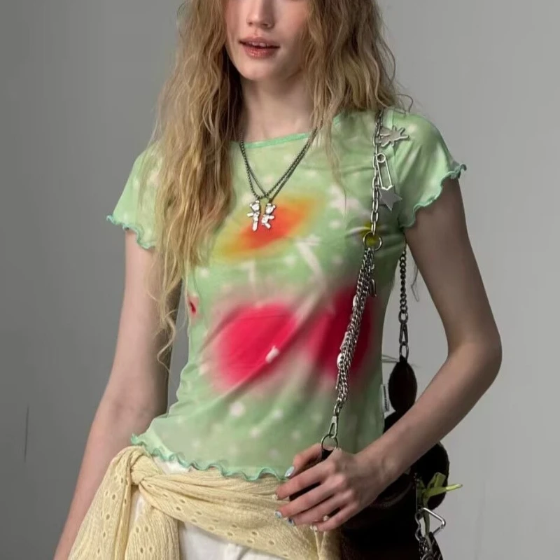 

Deeptown Y2k Green Mesh T-shirt Women Vintage Harajuku Japanese Style Print T Shirts Juminocore Kawaii Summer Short Sleeve Tees