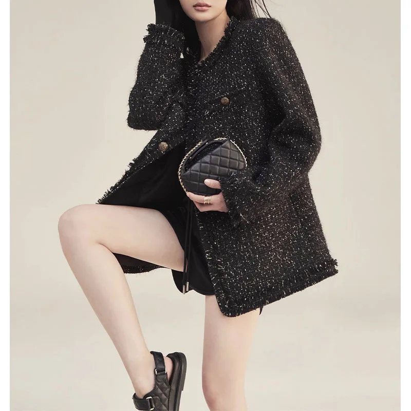 Small Fragrance French Fashion Loose Tweed Coat Female Vintage Button Casual Korea Chic Women Long Coat Autumn Winter 2023 New