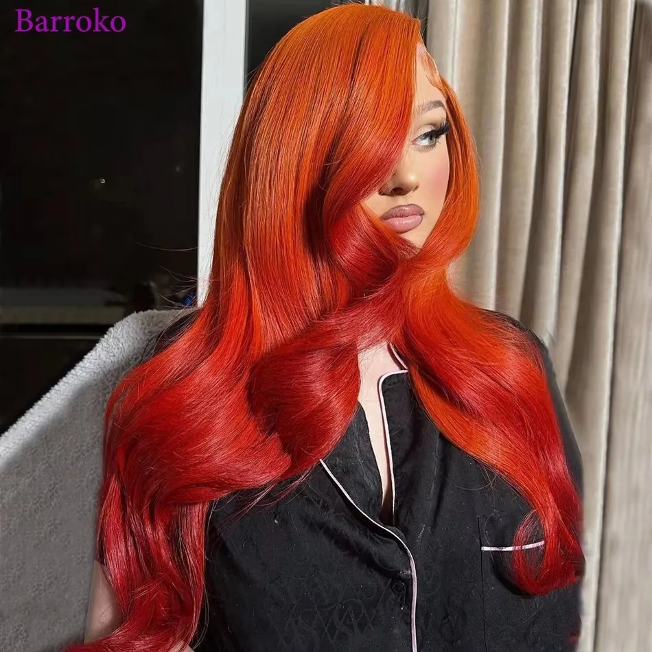 

Ombre Orange Red Colored Lace Frontal Wigs 100％ Human Hair Body Wave Transparent Lace Wig For Black Women 180% Pre Plucked Hair