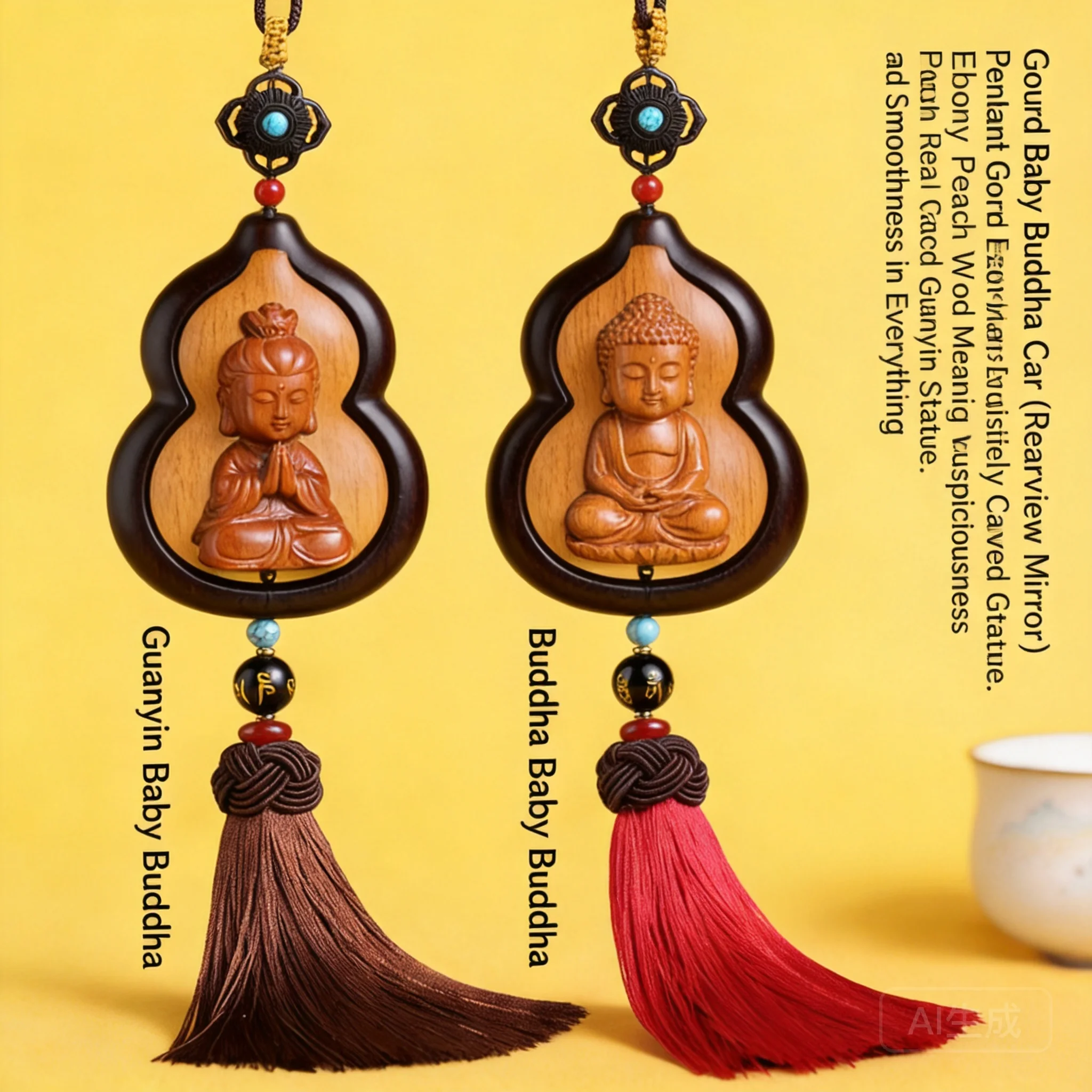 Chinese Style Auspicious Peach Wood Guanyin Baby Buddha Gourd Shaped Ebony Frame Car Rearview Mirror Hanging Ornament Blessing