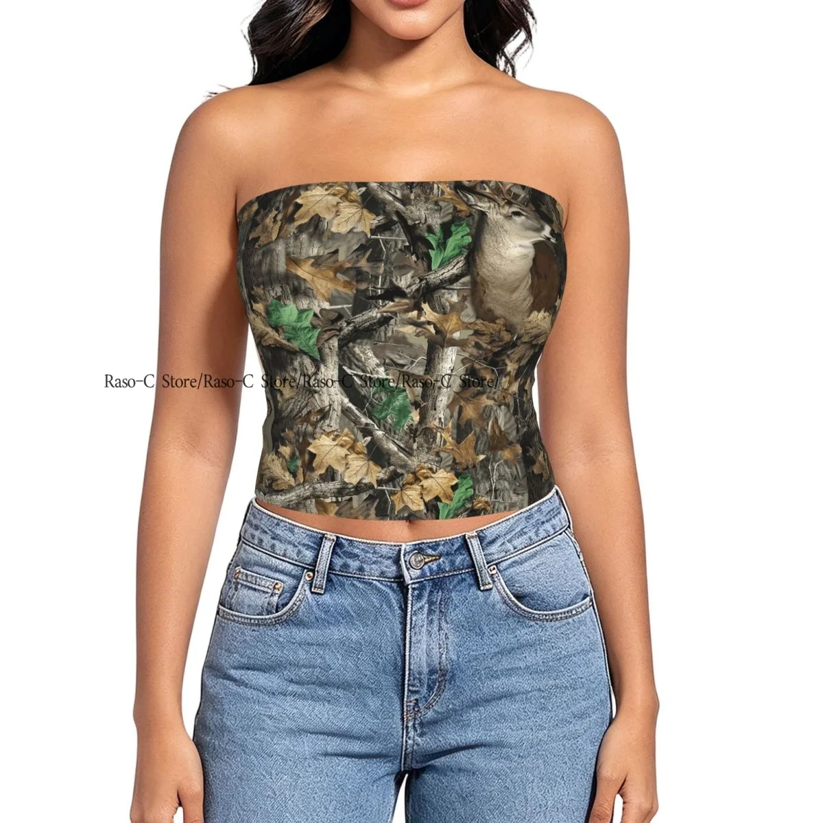 Women strapless blouses sleeveless Camouflage Forest Tree halter-neck sexy short-sleeved blouses