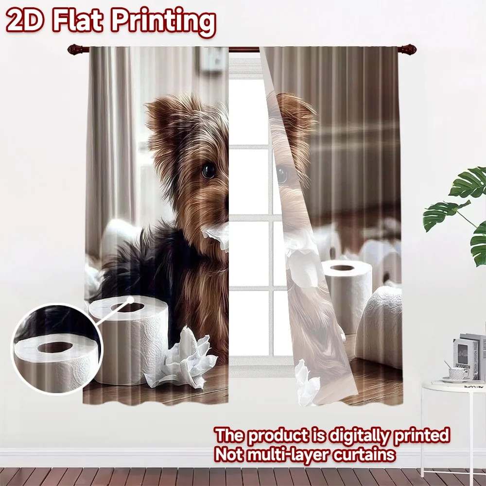 2D flat printing 2pcs Curtains Cute Yorkshire Terrier Toilet Paper Chaos Digital Printed Polyester Drapes Party Decorations for