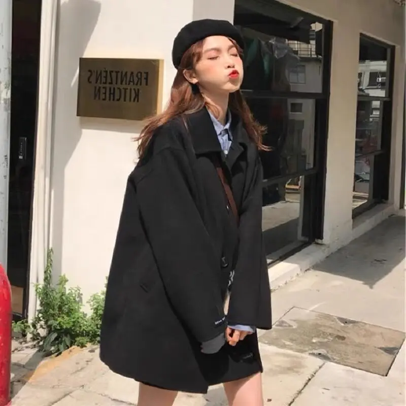 Blazer Vintage de un solo pecho para mujer, traje básico japonés Ins de lana negro, elegante cuello vuelto, prendas de vestir exteriores de oficina para mujer a la moda