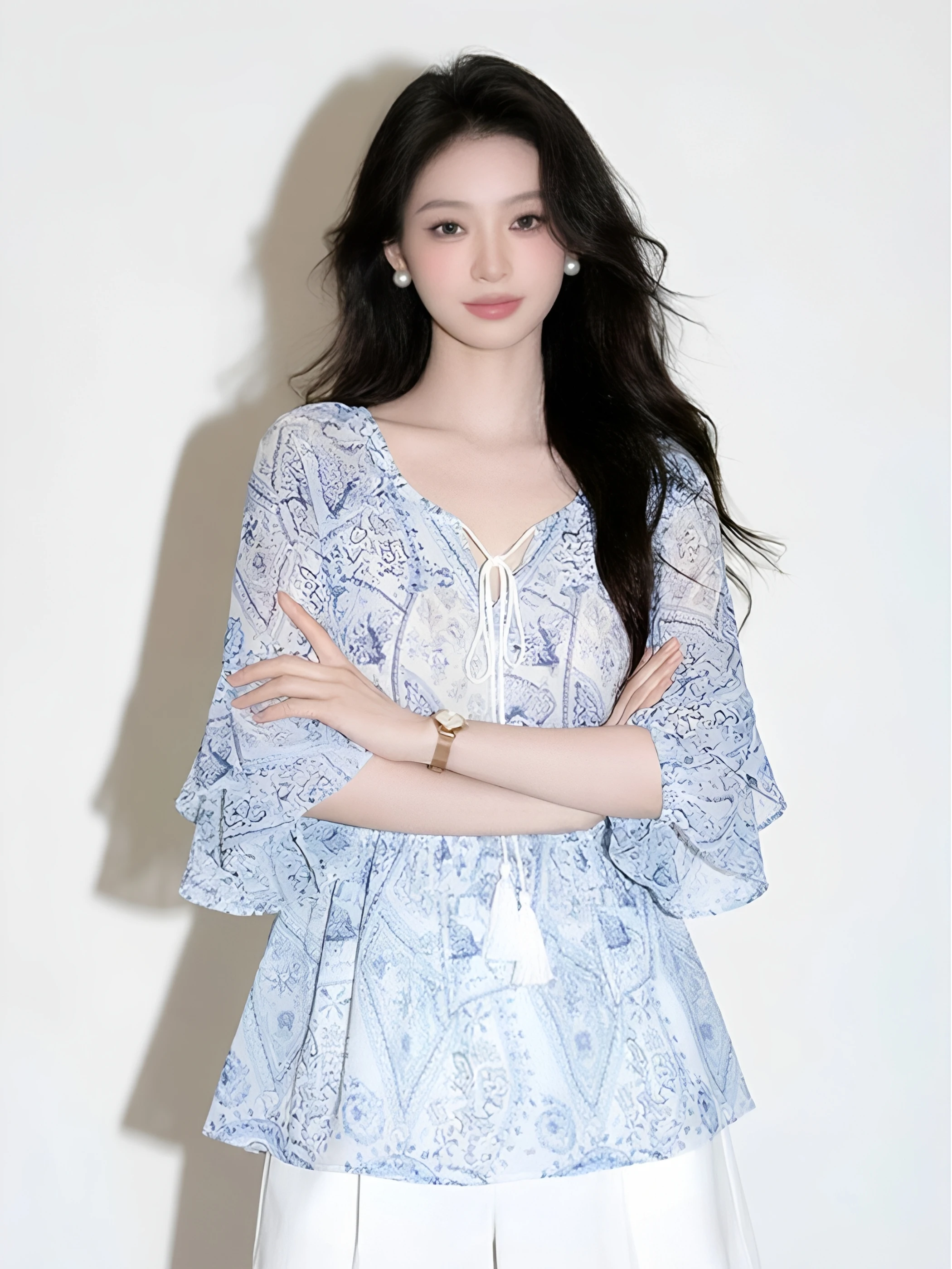 

Summer Sun Protection Loose Anti-Aging Elegant Printed Belted Chiffon Shirt Women's French Style Polyester Fiber V-neck Midi ...
