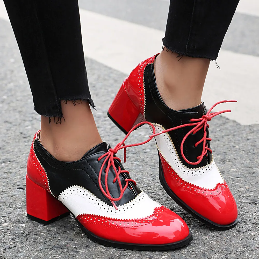 Plus Size 48 Vintage Red Brogue Shoes Chic Green Pink Patchwork Square High Heels Pumps Retro Lace-up Office Lady Daily Shoes_voghion.com