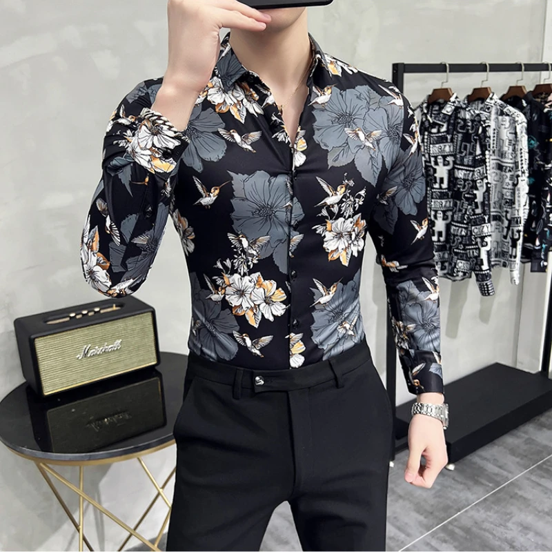 2022 Floral Print Shirts Men Long Sleeve Slim Casual Shirt High Quality Business Formal Dress Shirts Social Party Tuxedo Blouse