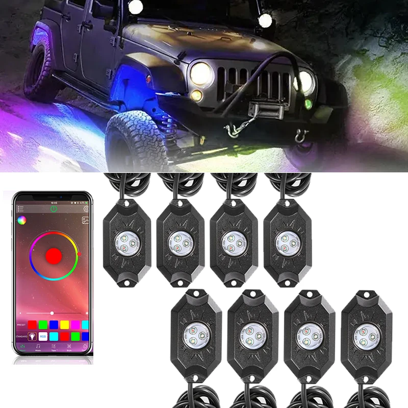 

4 8 12Pods RGB LED Rock Lights Underbody Glow Light with APP Control RGB Ambient Atmosphere Lights for Car Motorcycle UTV ATV