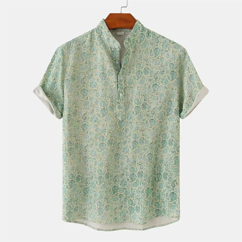 Camisas con estampado 3D para hombre, camisa de manga corta con cuello de pie, blusa informal de gran tamaño, estilo étnico